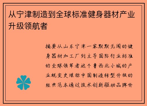 从宁津制造到全球标准健身器材产业升级领航者